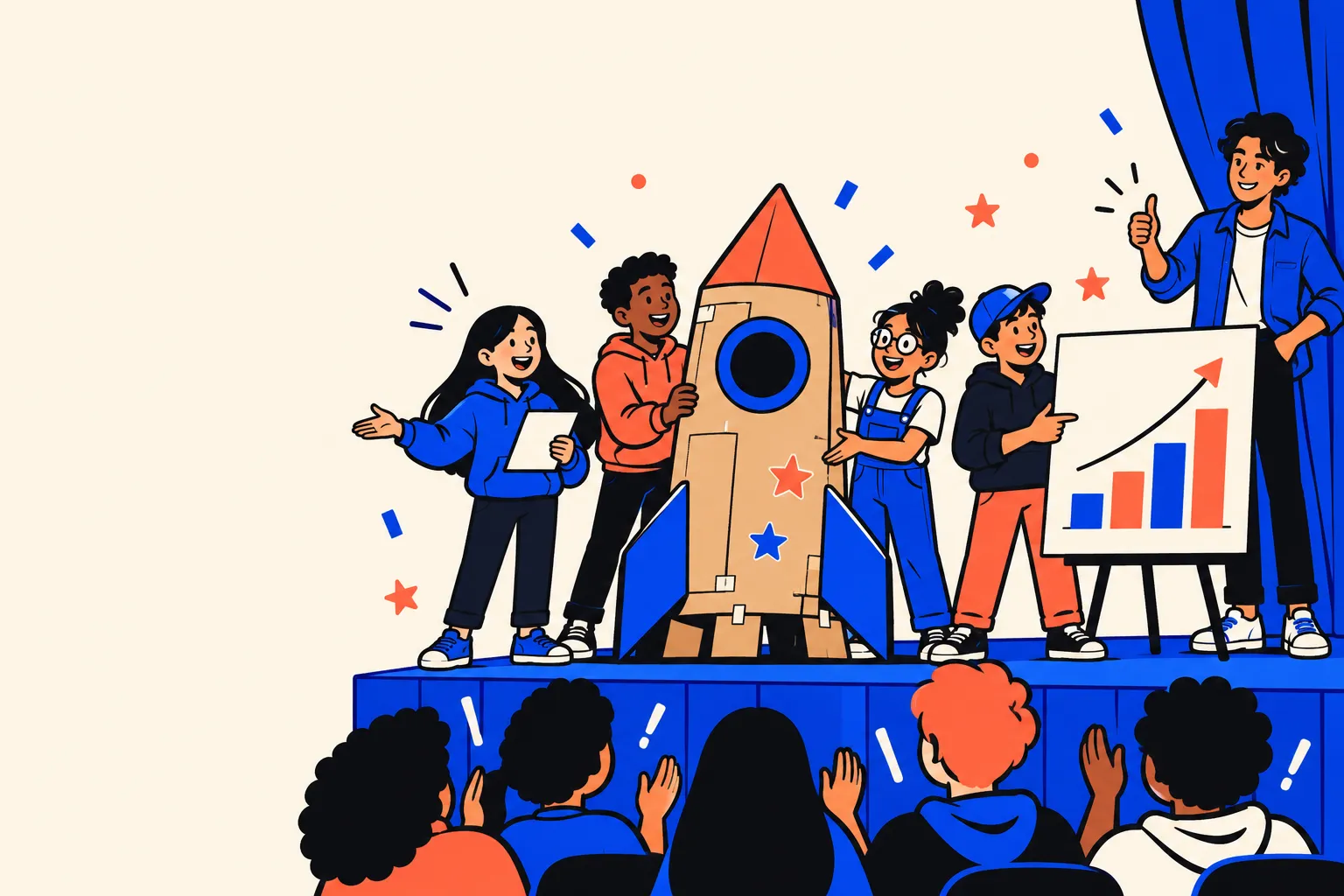 Illustration of middle schoolers pitching a cardboard rocket on stage while a teen mentor cheers