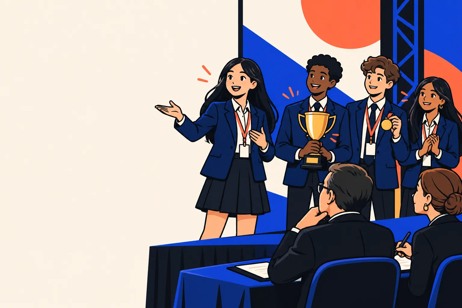 Illustration of students in blazers presenting to judges and holding a trophy