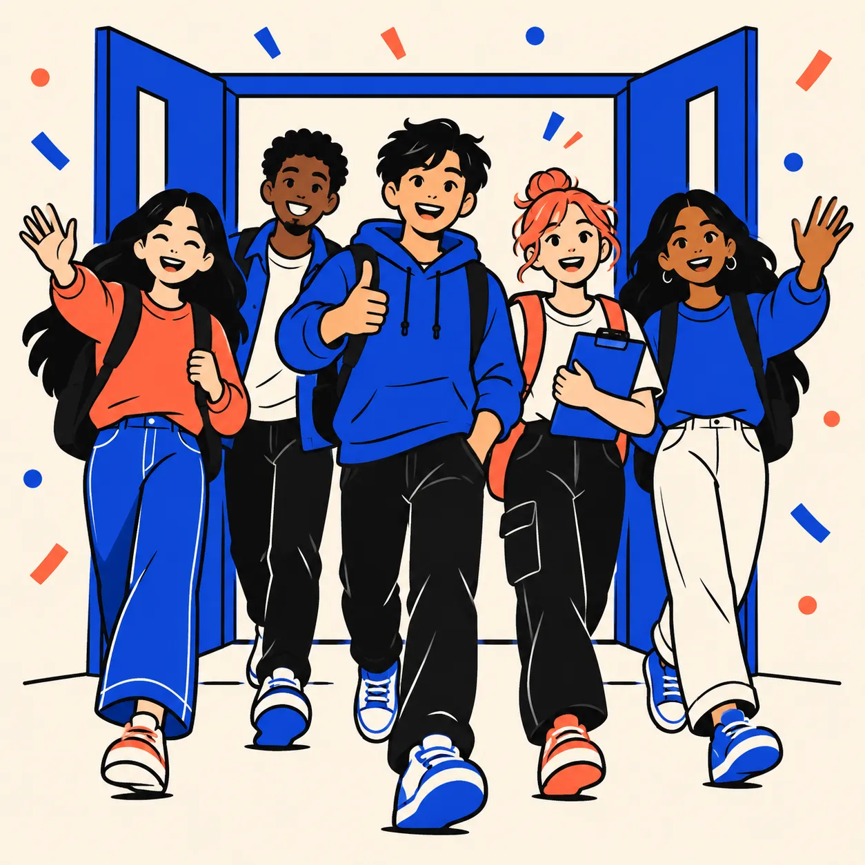 Illustration of students walking in together and waving